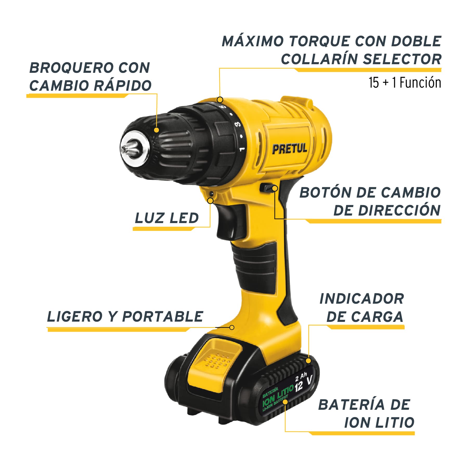 Taladro inalámbrico 3/8', 12V, PRETUL, 29975