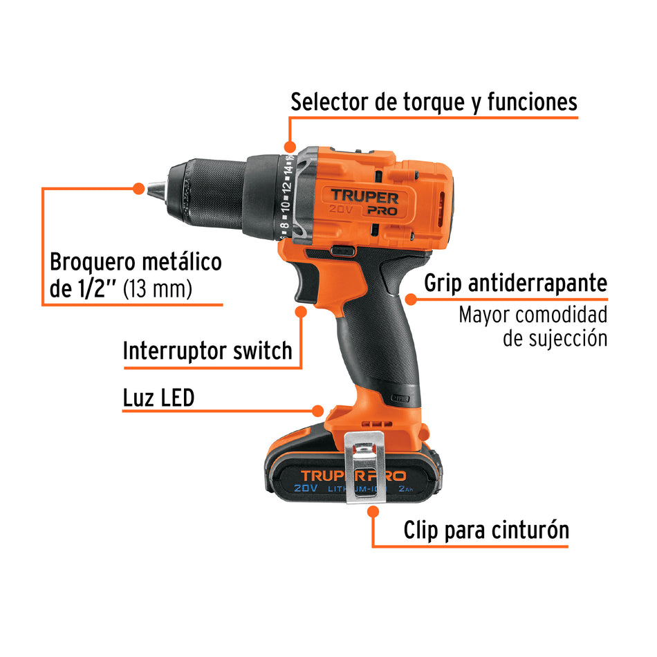 Taladro 1/2', 20V, 1 batería 2Ah, PRO, 103249