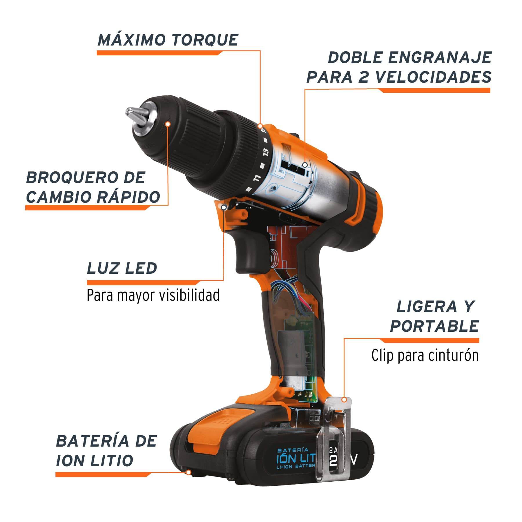 Taladro inal. 1/2', 20V, 1 bat. 2Ah, 1 carg. TRUPER PRO, 18154