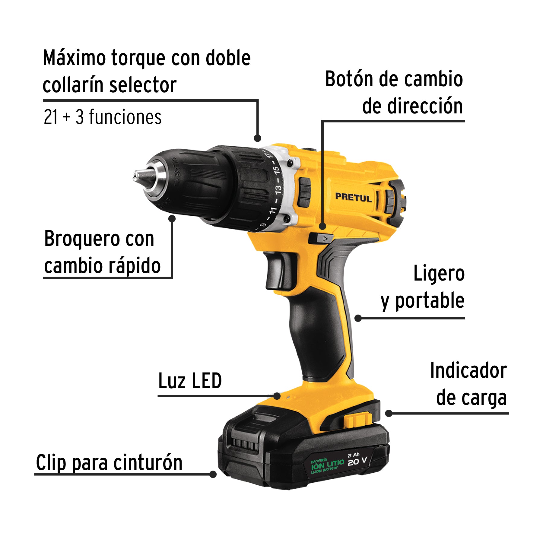 Kit taladro inalámbrico 1/2', 20V y 32 accesorios, PRETUL, 29001