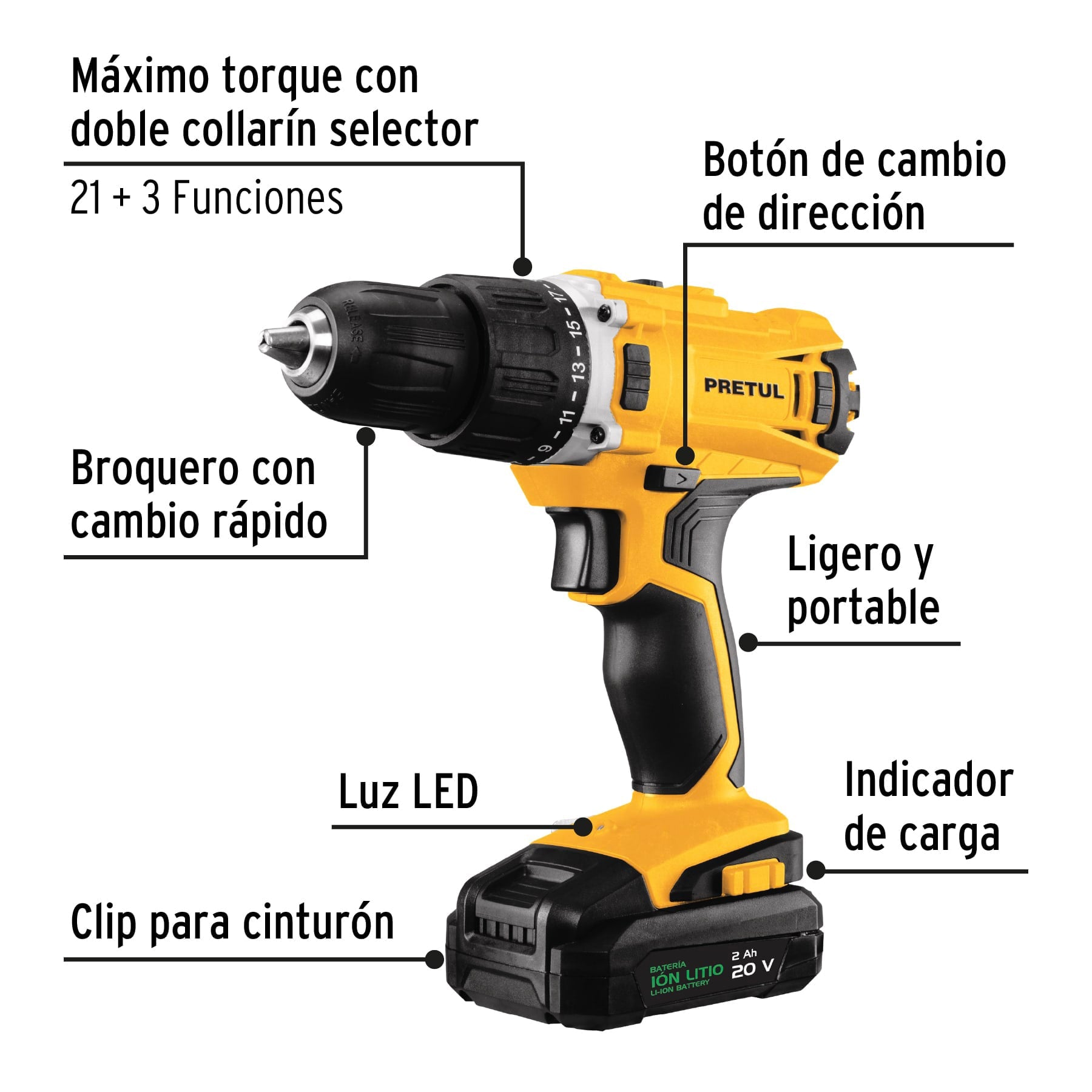 Taladro inalámbrico 1/2', 20V, PRETUL, 26118