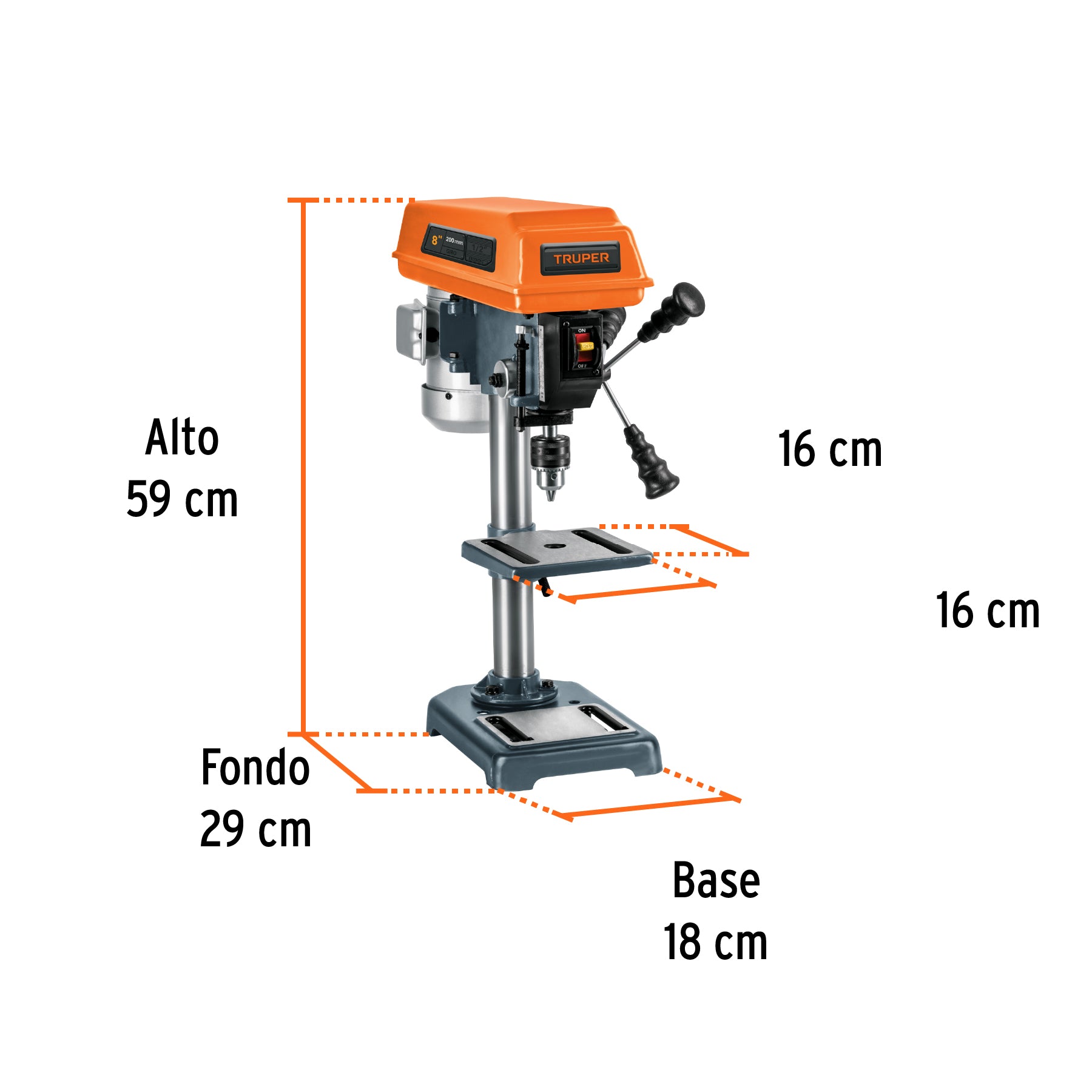 Taladro de piso 8', 1/3 HP (250 W), broquero 1/2', Truper