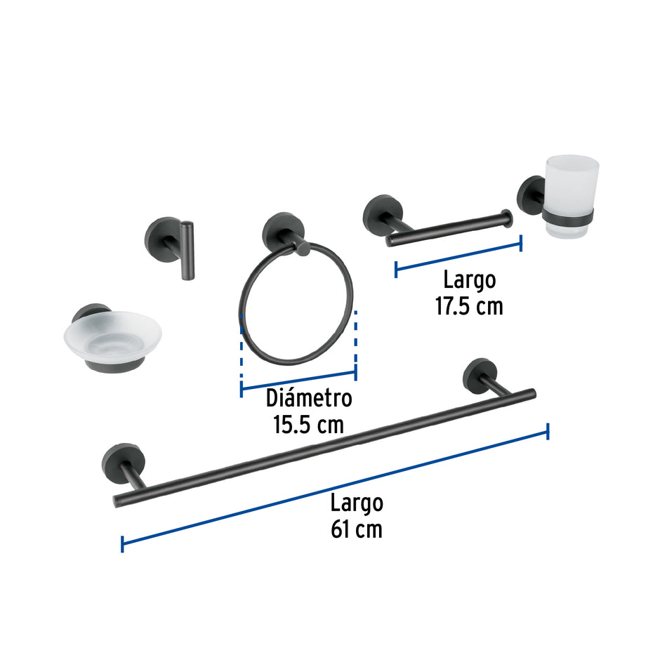 Juego de 6 accesorios para baño acabado negro, Foset Tubig, 47975