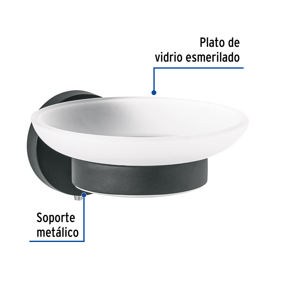 Jabonera metálica negro con plato de vidrio, Foset Túbig Caja con 6, 45966