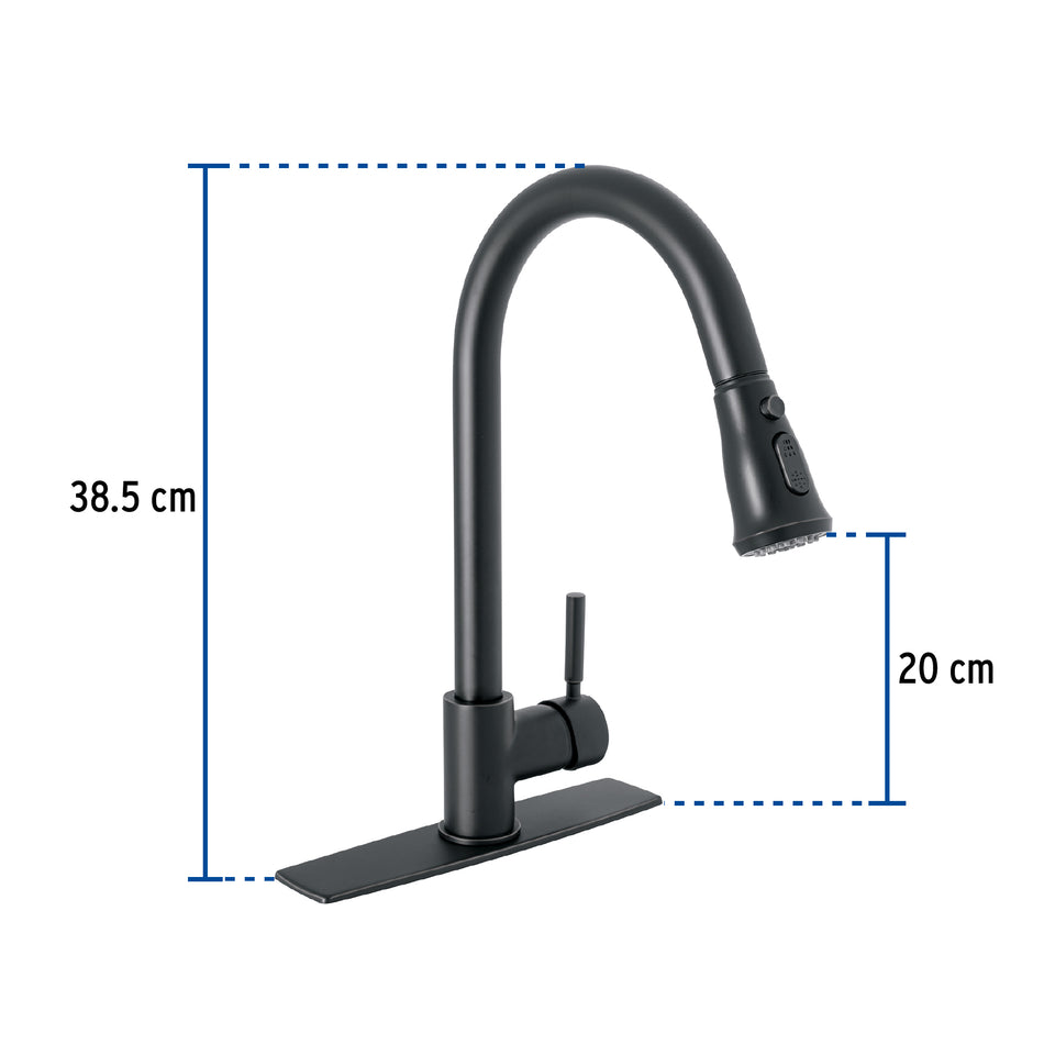 Monomando para fregadero,cuello extraible,negro mate,Tubig, 46770