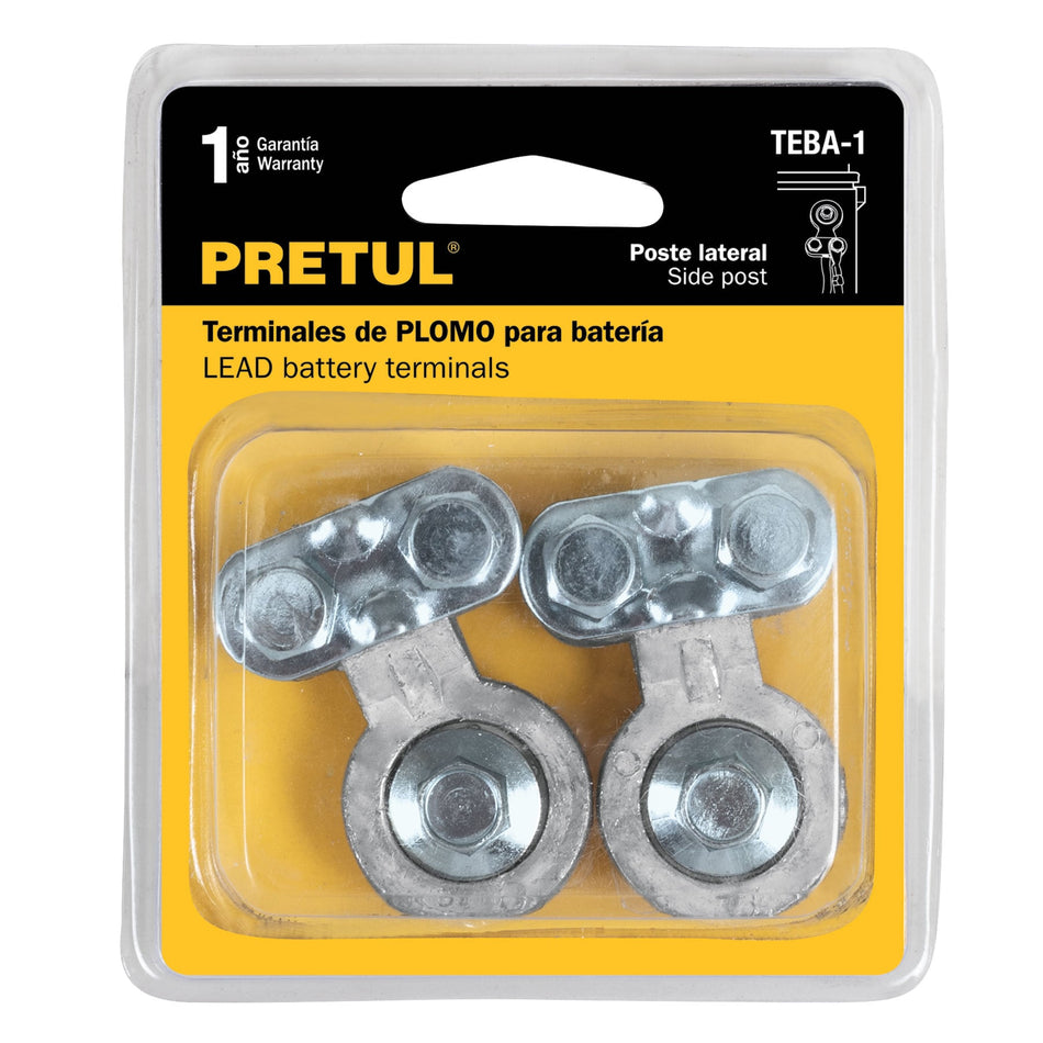 Blíster 2 terminales p/batería, plomo, poste lateral, Pretul Caja con 6, 23040