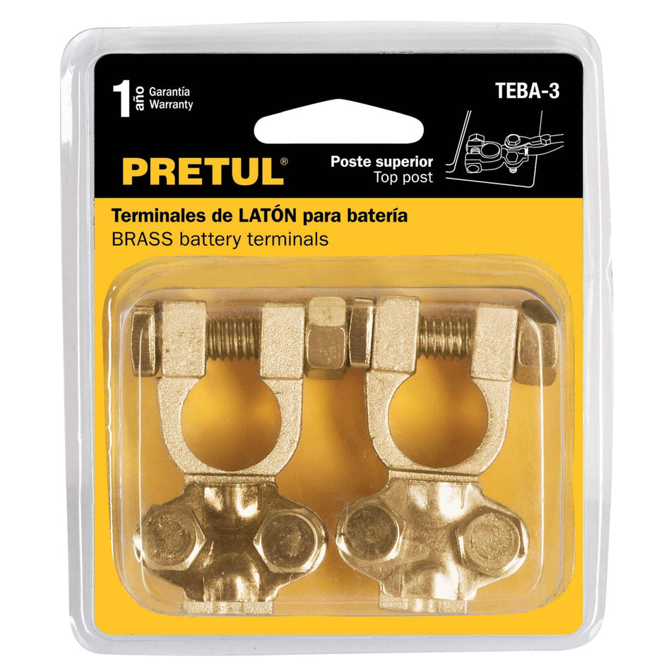 Blíster 2 terminales p/batería, latón poste superior, Pretul Caja con 6, 23042