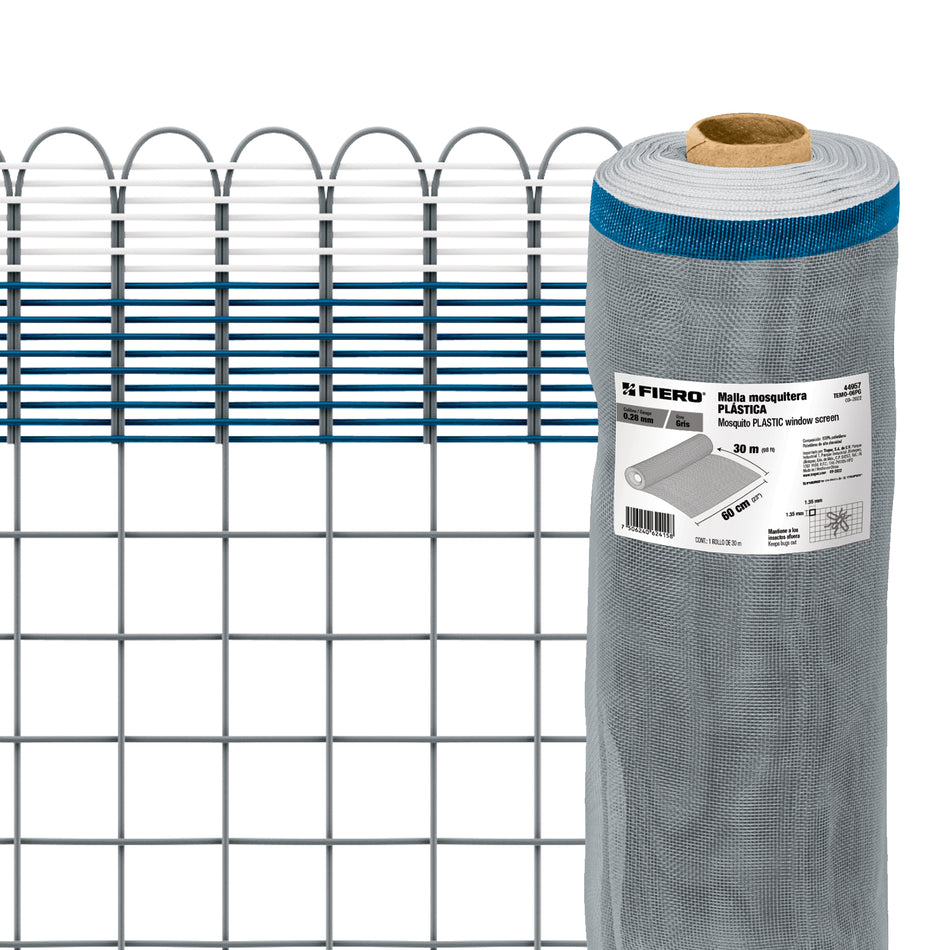 Rollo de 30 m x 0.6 m de malla mosquitera plástica gris, 44957