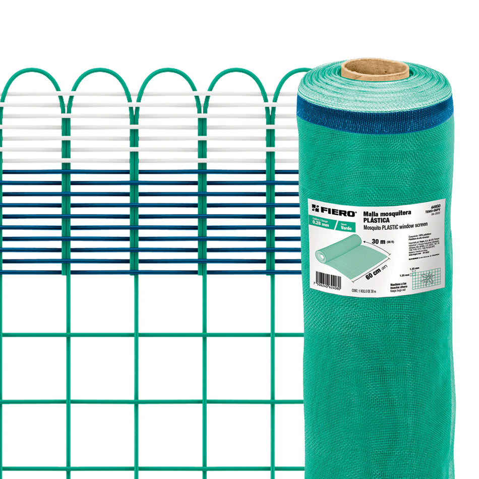 Rollo de 30 m x 0.6 m de malla mosquitera plástica verde, 44950