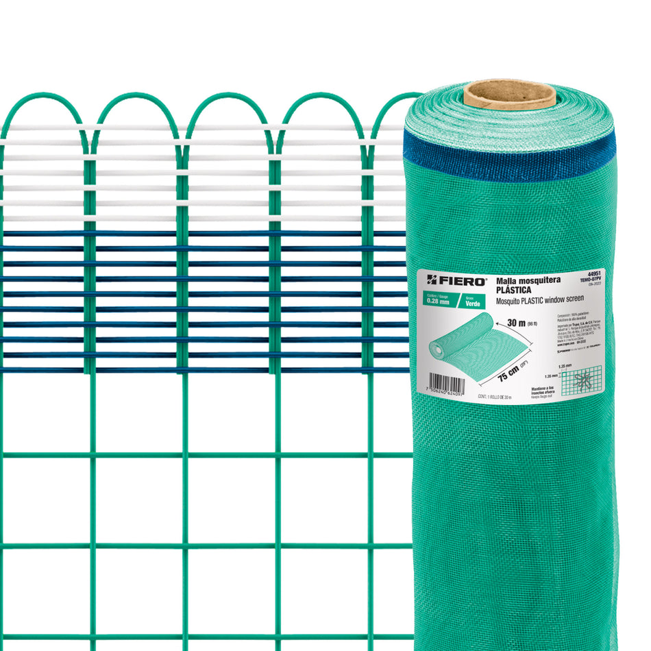 Rollo de 30 m x 0.75 m de malla mosquitera plástica verde, 44951