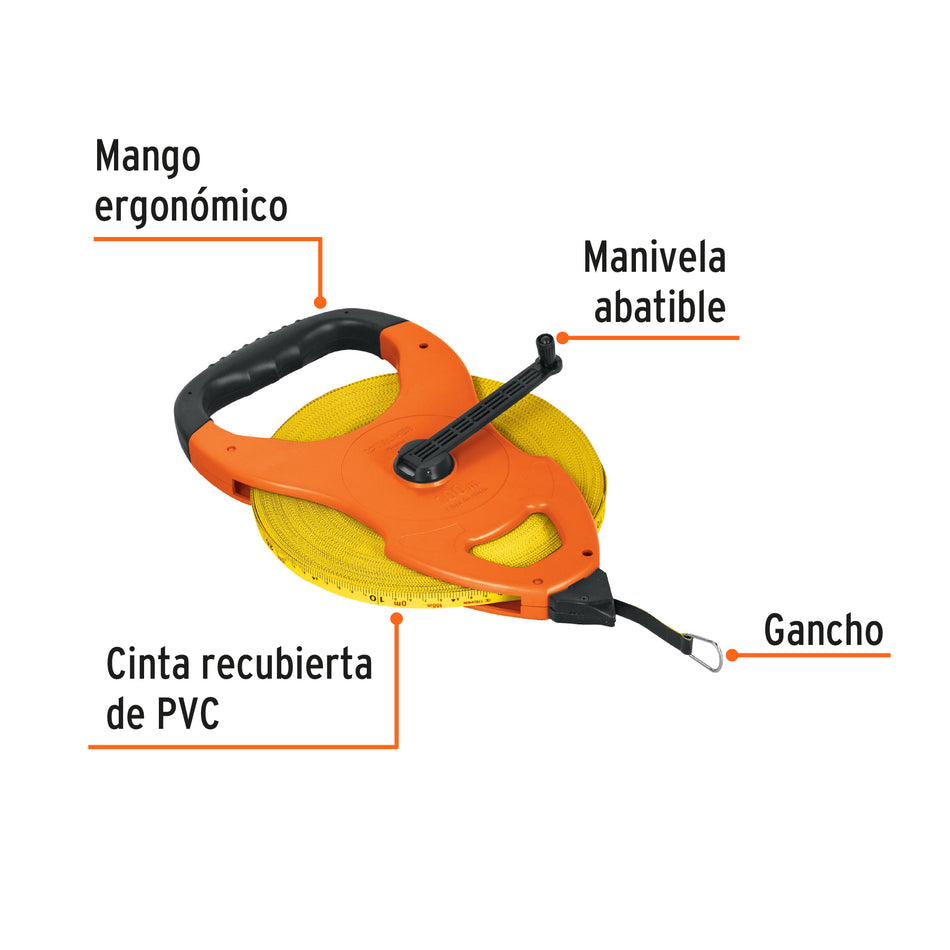 Cinta métrica larga 100m fibra de vidrio, tipo cruceta, 12645