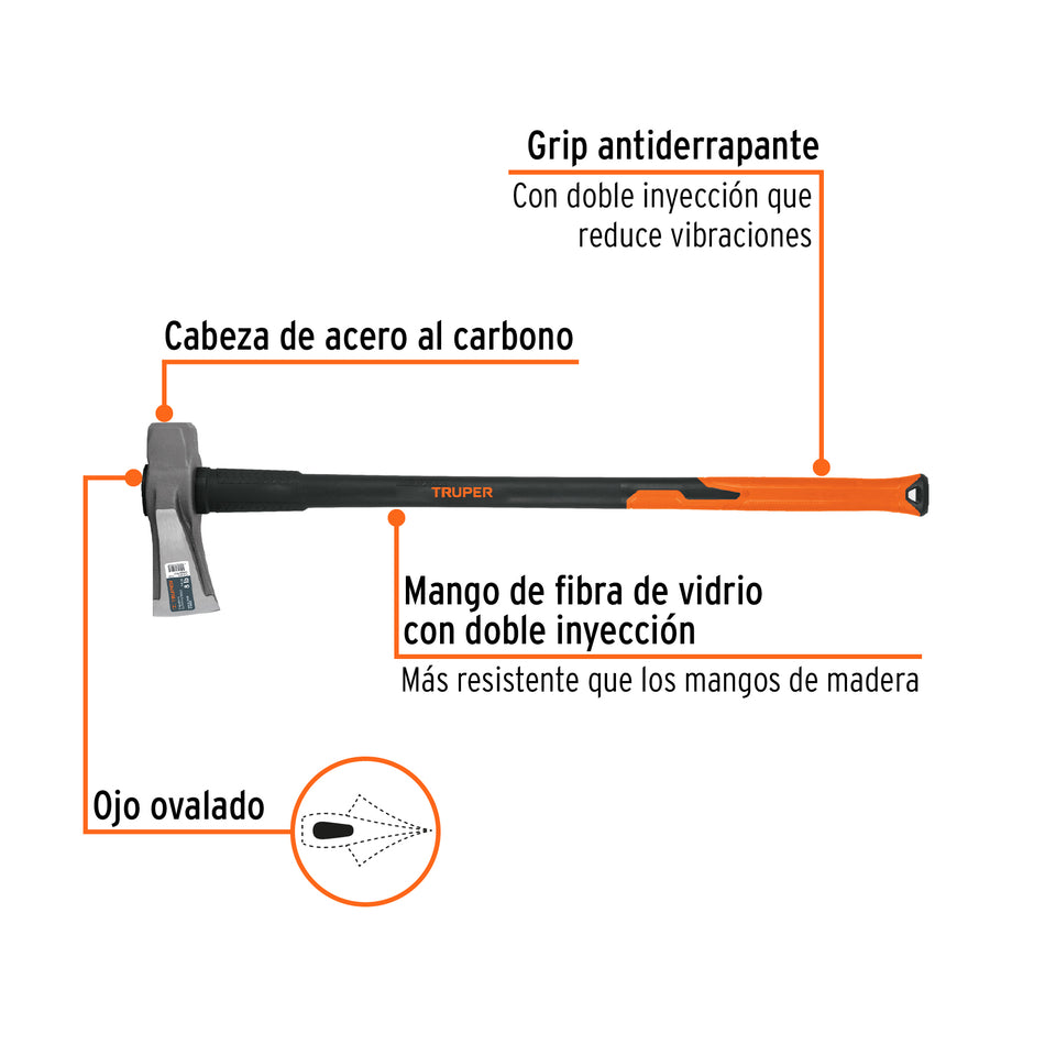 Hacha para rajar madera 8 lbs, mango fibra de vidrio 36', 11137
