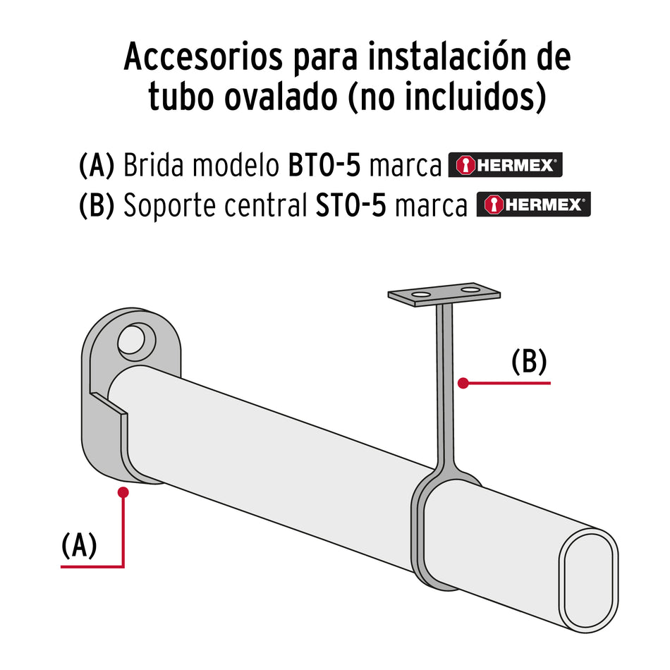 Tubo ovalado para clóset, 2.4 m, acero cromado, Hermex Caja con 10, 45897