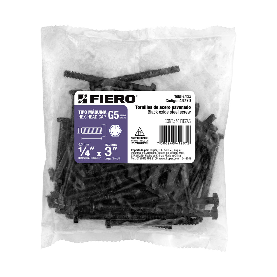 Bolsa con 50 tornillos 1/4' x 3' acero grado 5, FIERO Caja con 6, 44770