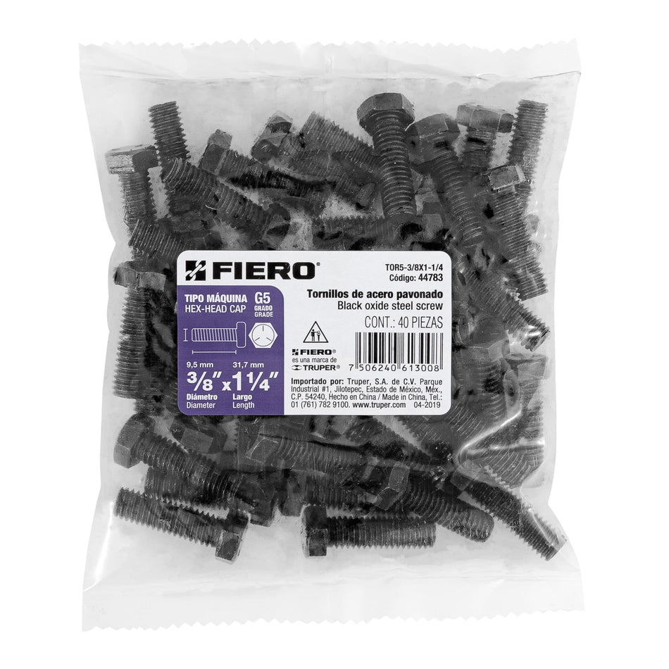 Bolsa con 40 tornillos 3/8' x 1-1/4' acero grado 5, FIERO Caja con 6, 44783
