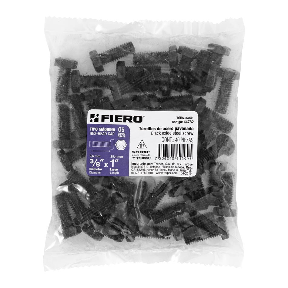 Bolsa con 40 tornillos 3/8' x 1' acero grado 5, FIERO Caja con 6, 44782