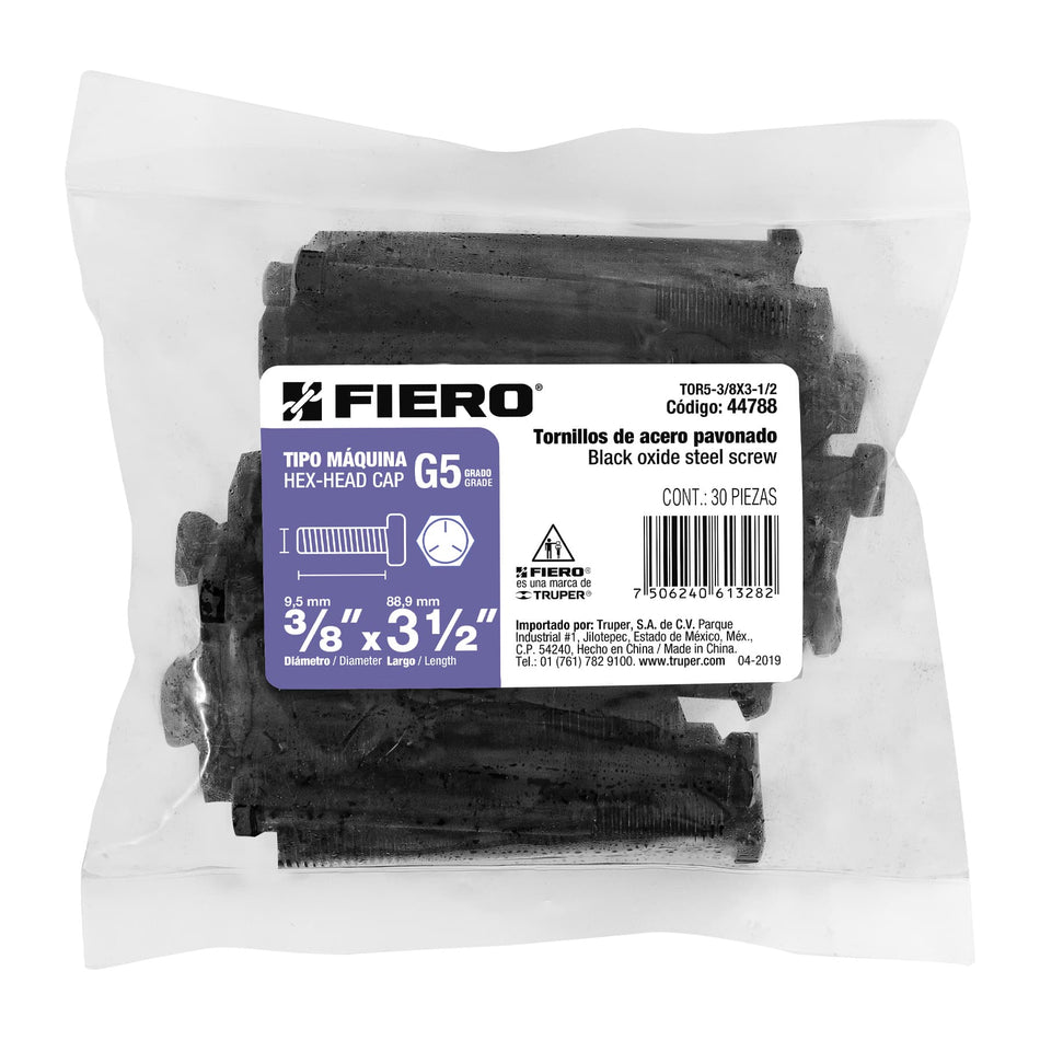Bolsa con 30 tornillos 3/8' x 3-1/2' acero grado 5, FIERO Caja con 3, 44788