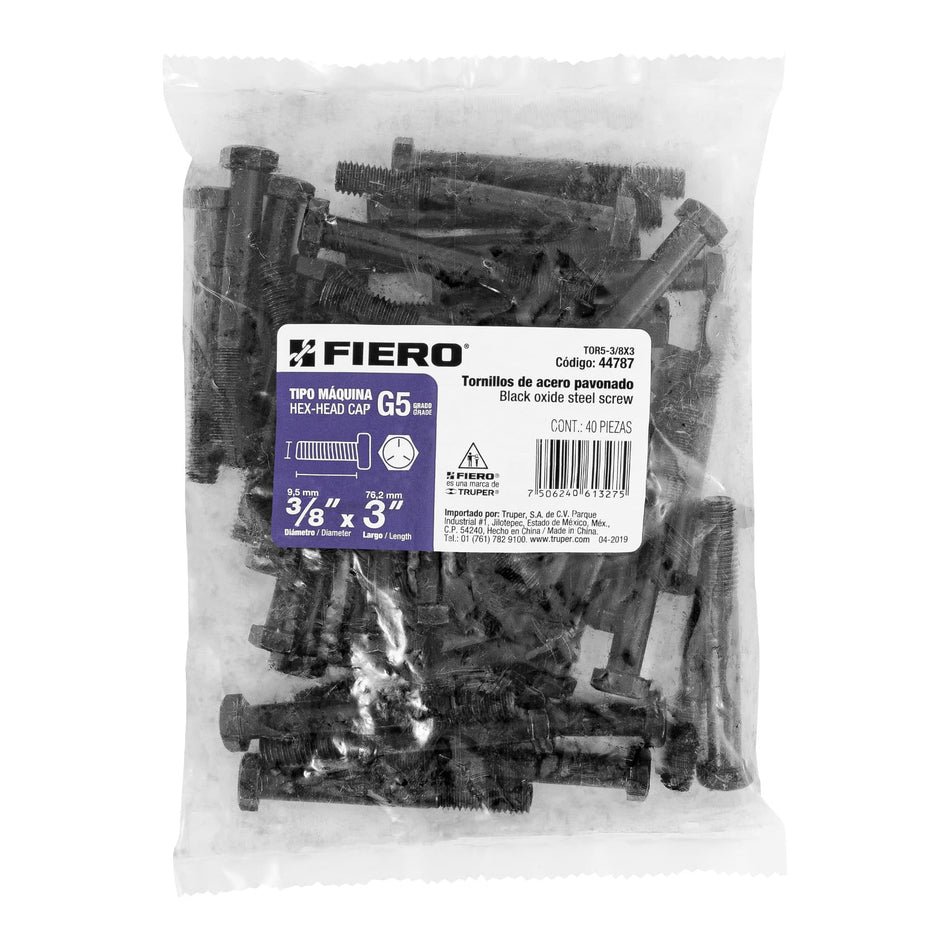 Bolsa con 40 tornillos 3/8' x 3' acero grado 5, FIERO Caja con 3, 44787