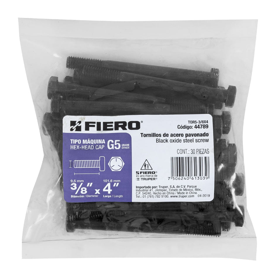 Bolsa con 30 tornillos 3/8' x 4' acero grado 5, FIERO Caja con 3, 44789
