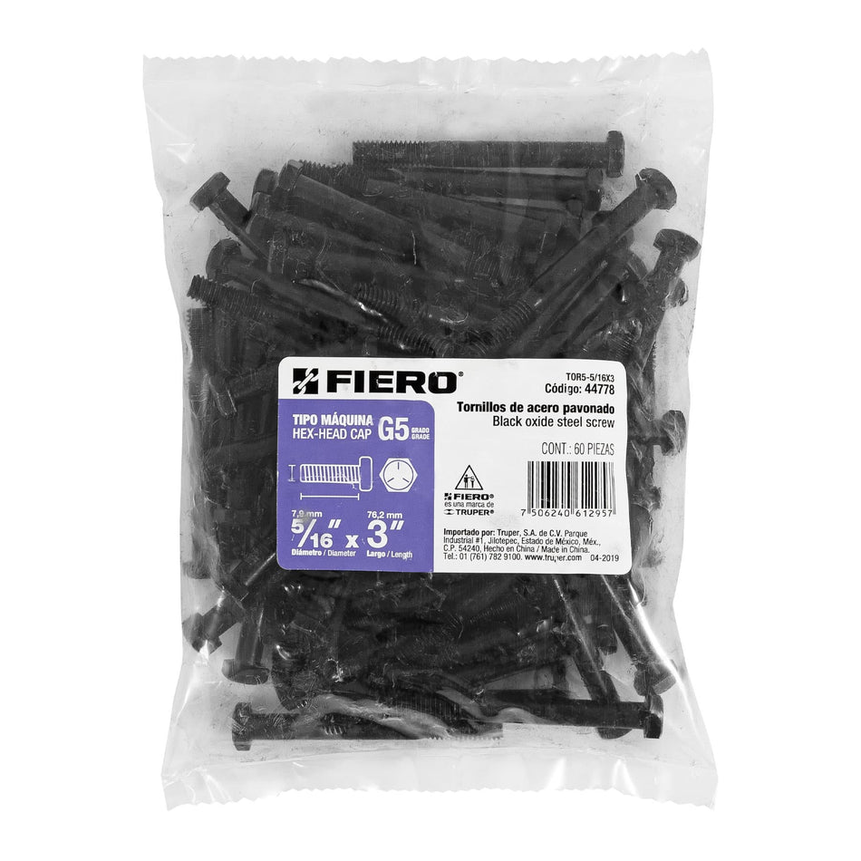 Bolsa con 60 tornillos 5/16' x 3' acero grado 5, FIERO Caja con 3, 44778