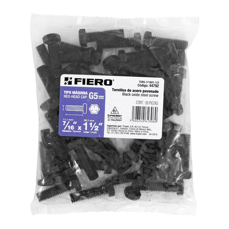 Bolsa con 50 tornillos 7/16' x 1-1/2' acero grado 5, FIERO Caja con 3, 44792