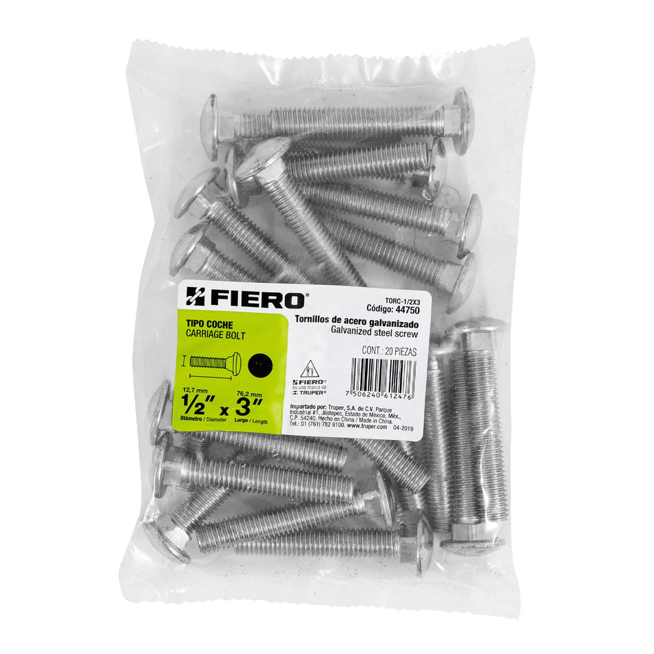Bolsa con 20 tornillos 1/2' x 3' tipo coche, Fiero Caja con 3, 44750