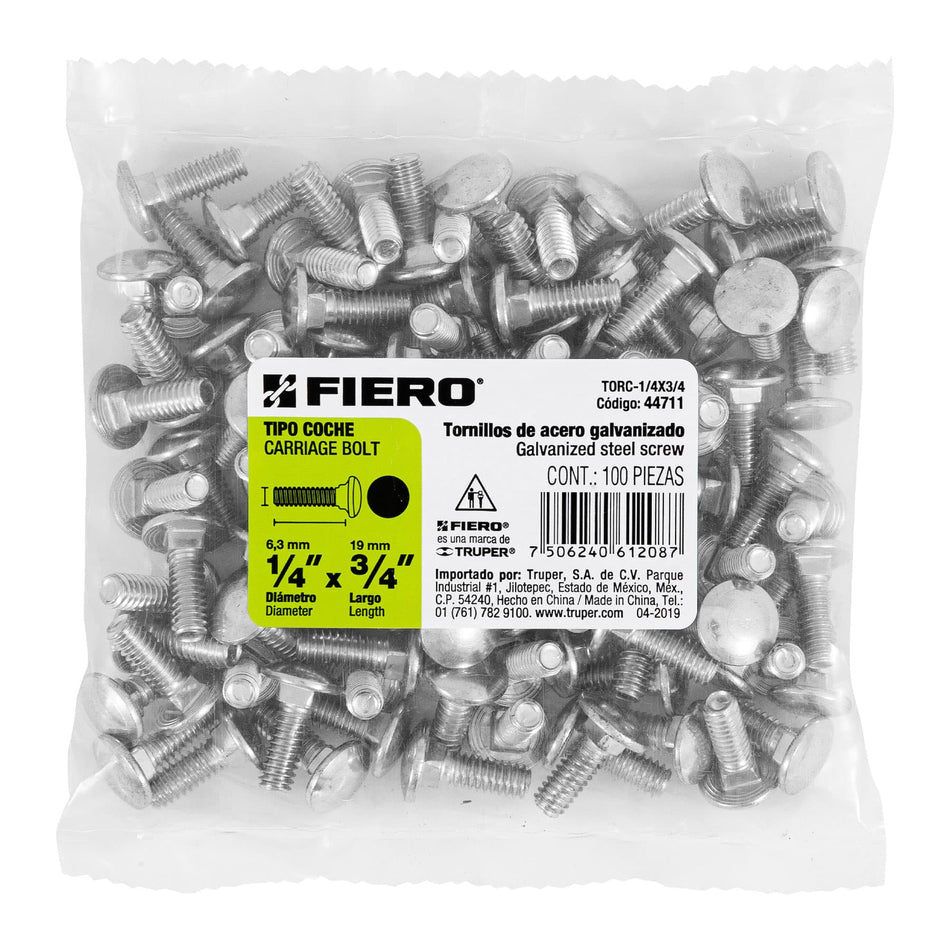 Bolsa con 100 tornillos 1/4' x 3/4' tipo coche, Fiero Caja con 6, 44711