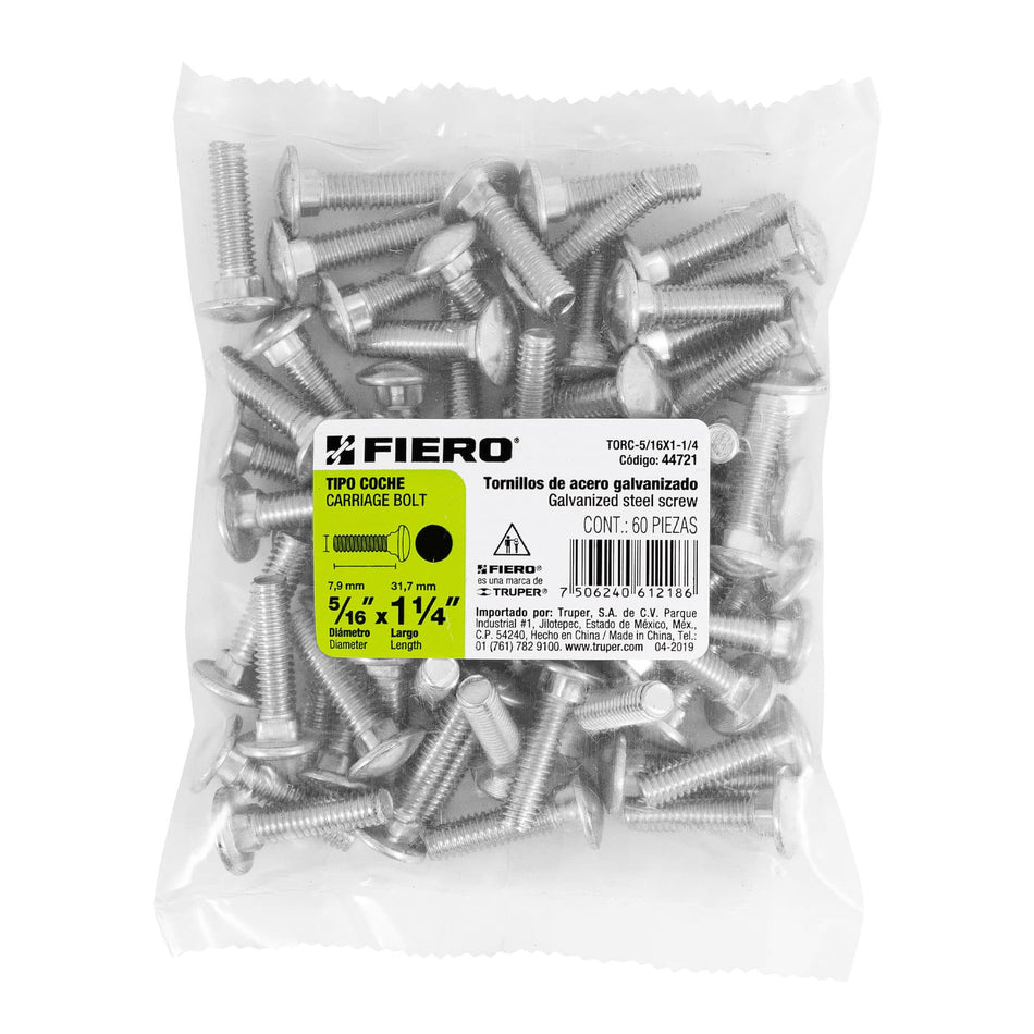 Bolsa con 60 tornillos 5/16' x 1-1/4' tipo coche, Fiero Caja con 6, 44721