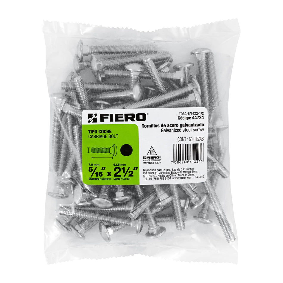 Bolsa con 60 tornillos 5/16' x 2-1/2' tipo coche, Fiero Caja con 3, 44724