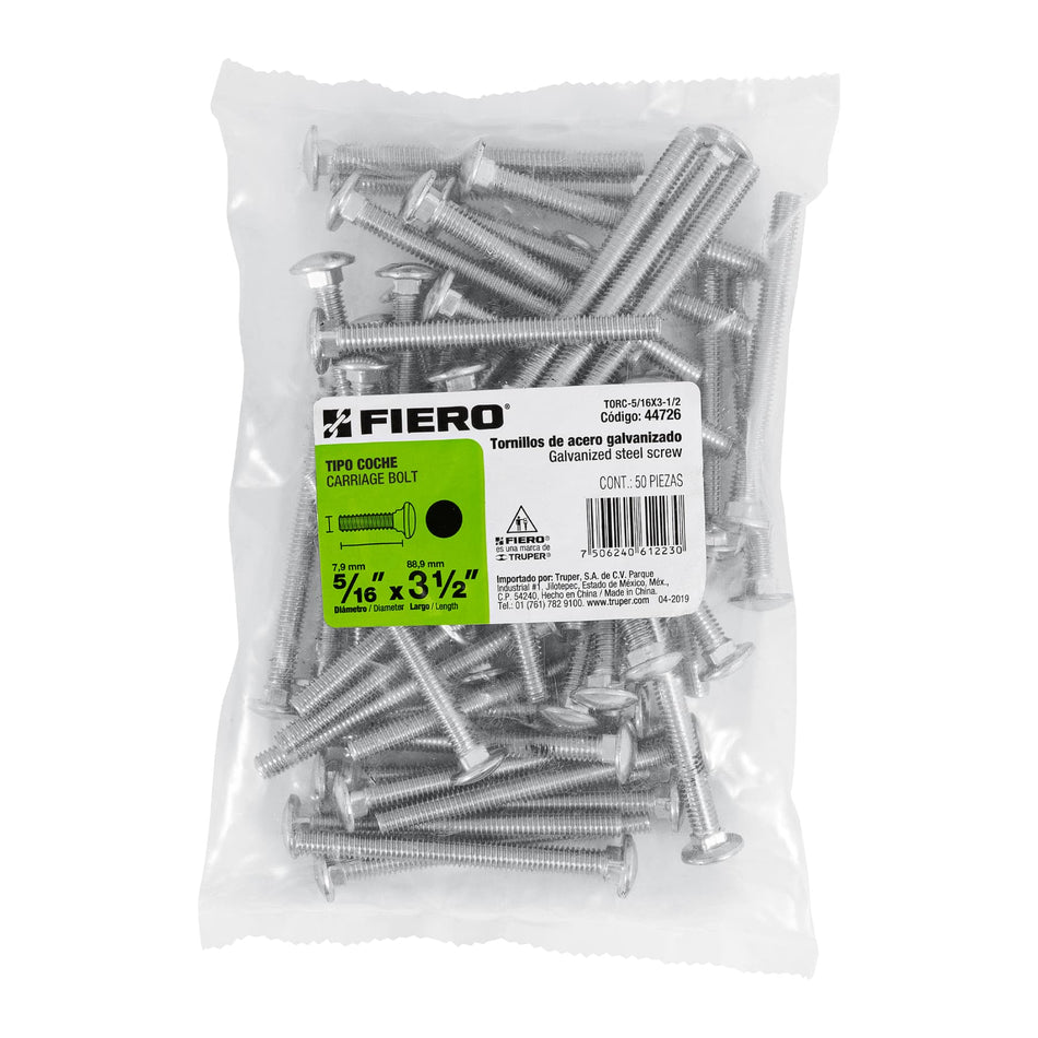 Bolsa con 50 tornillos 5/16' x 3-1/2' tipo coche, Fiero Caja con 3, 44726