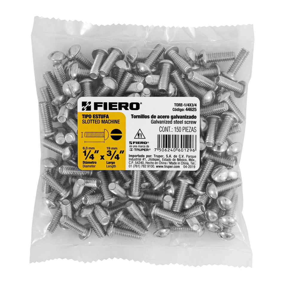 Bolsa con 150 tornillos 1/4 'x 3/4' tipo estufa, Fiero Caja con 6, 44625