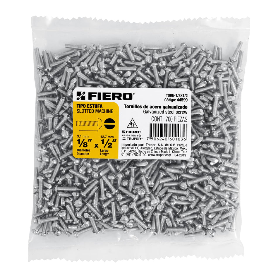 Bolsa con 700 tornillos 1/8' x 1/2' tipo estufa, Fiero Caja con 6, 44599