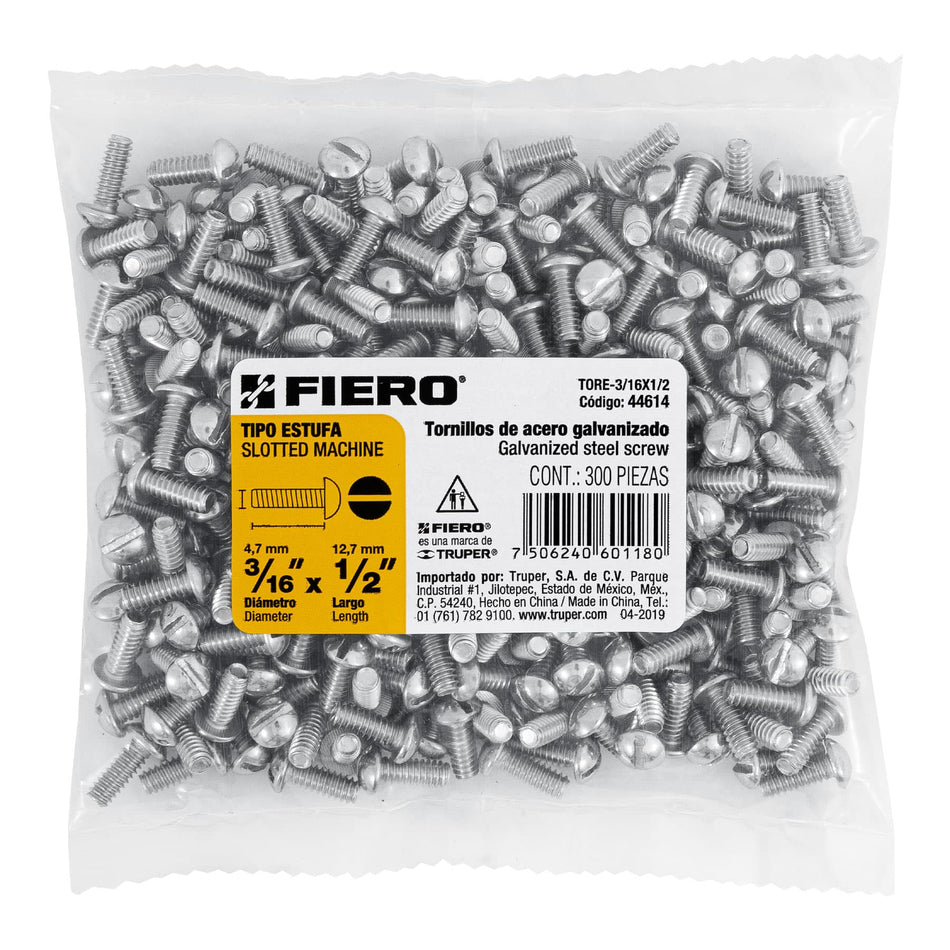 Bolsa con 300 tornillos 3/16' x 1/2' tipo estufa, Fiero Caja con 6, 44614