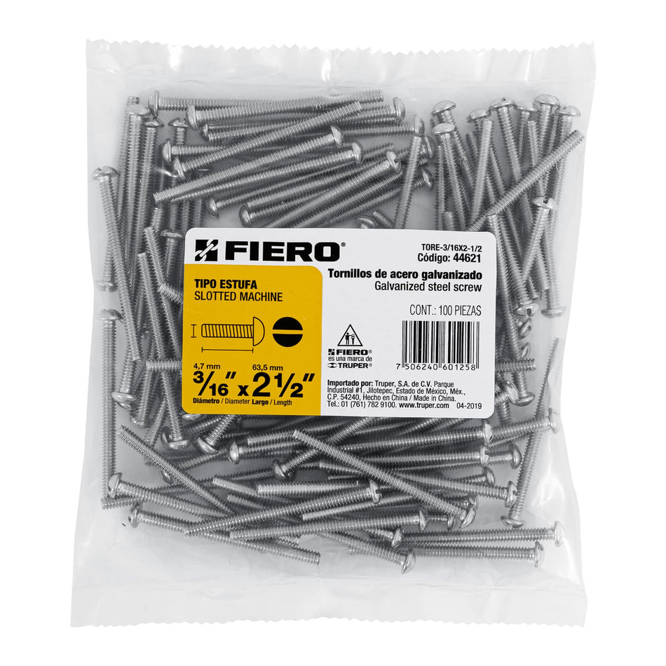 Bolsa con 100 tornillos 3/16' x 2-1/2' tipo estufa, Fiero Caja con 6, 44621