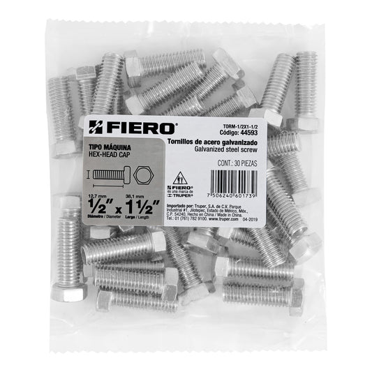 Bolsa con 30 tornillos 1/2' x 1-1/2' tipo máquina, FIERO Caja con 3, 44593