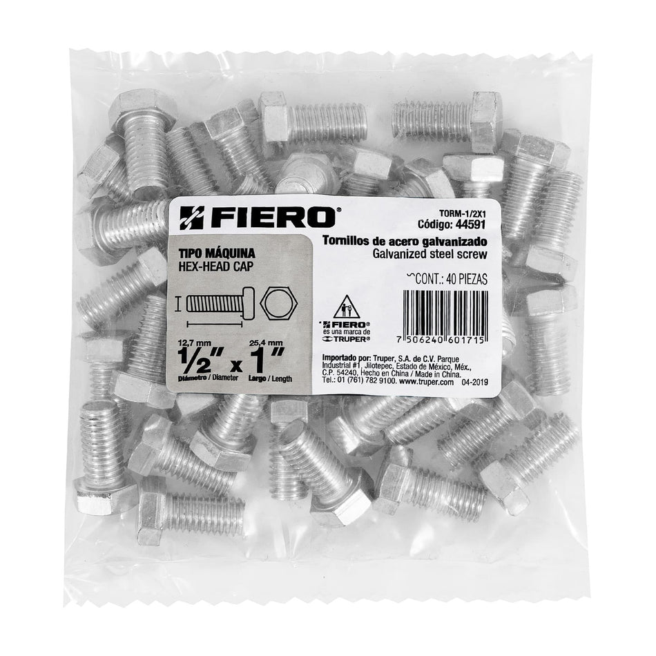 Bolsa con 40 tornillos 1/2' x 1' tipo máquina, FIERO Caja con 3, 44591