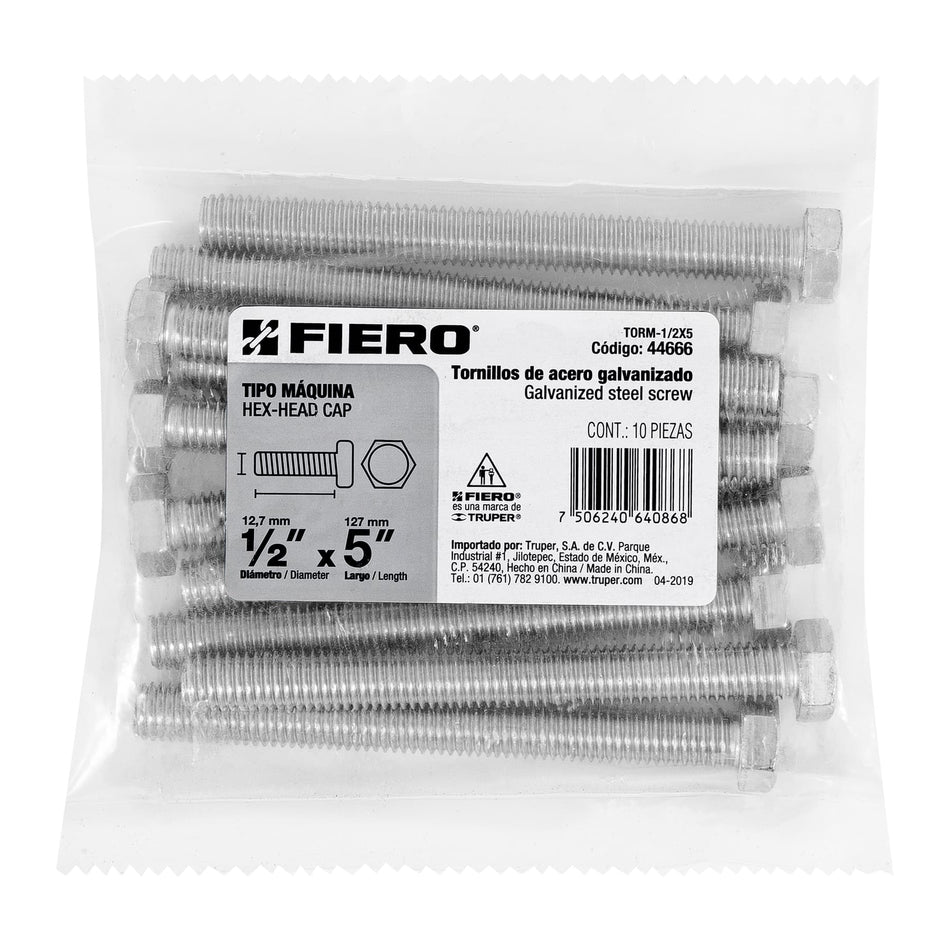Bolsa con 10 tornillos 1/2' x 5' tipo máquina, FIERO, 44666