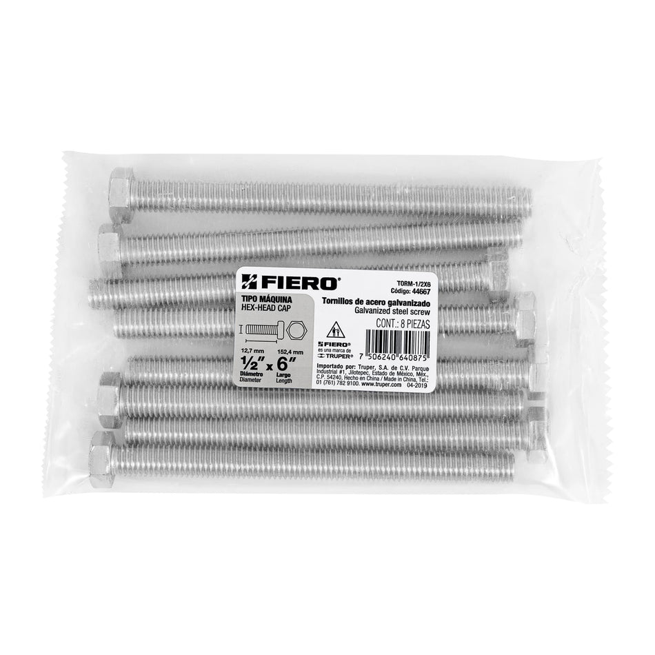 Bolsa con 8 tornillos 1/2' x 6' tipo máquina, FIERO, 44667