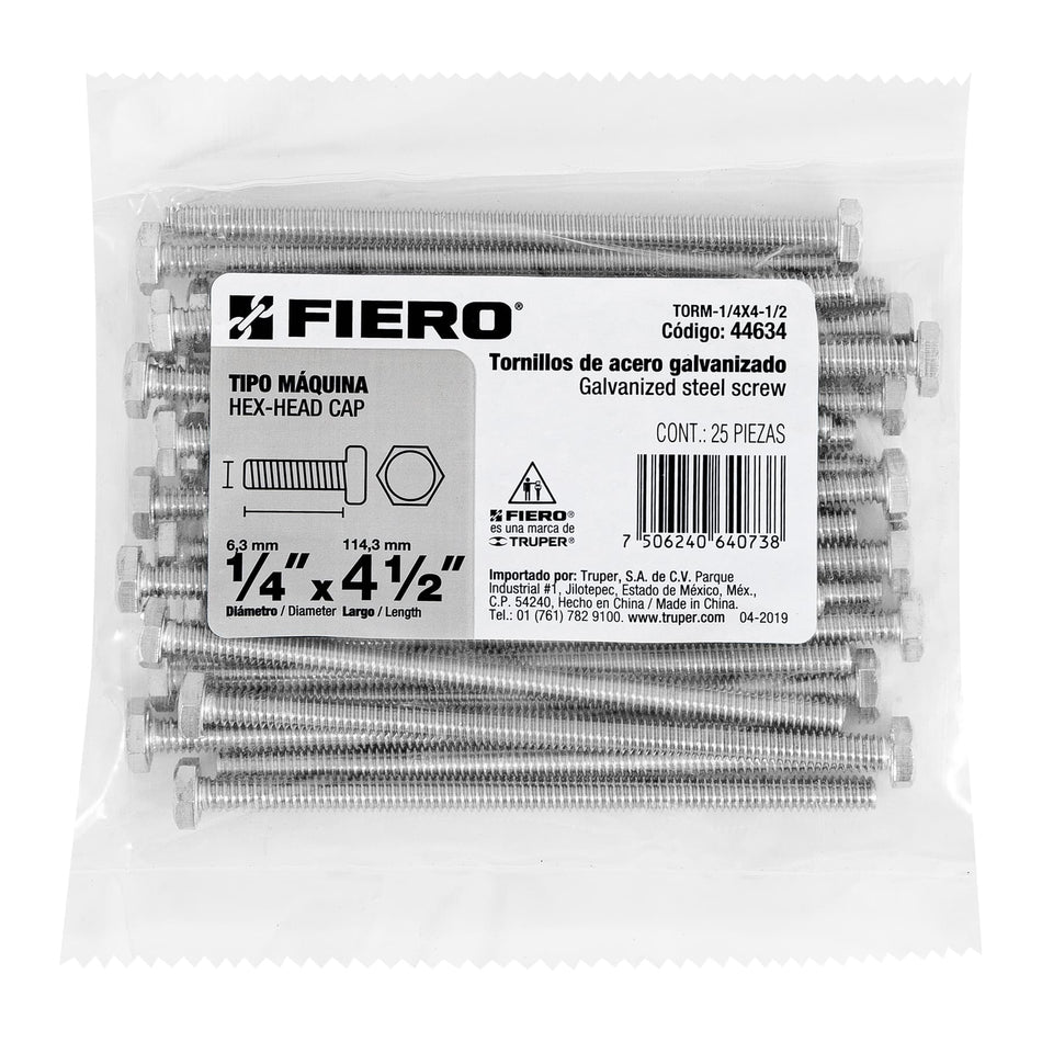 Bolsa con 25 tornillos 1/4' x 4-1/2' tipo máquina, FIERO Caja con 3, 44634