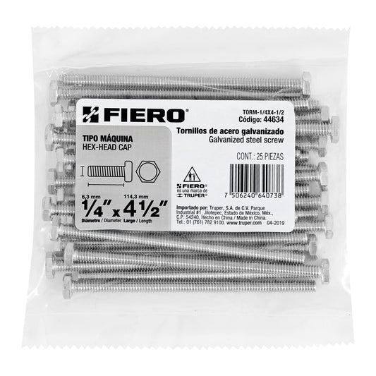 Bolsa con 25 tornillos 1/4' x 4-1/2' tipo máquina, FIERO Caja con 3, 44634