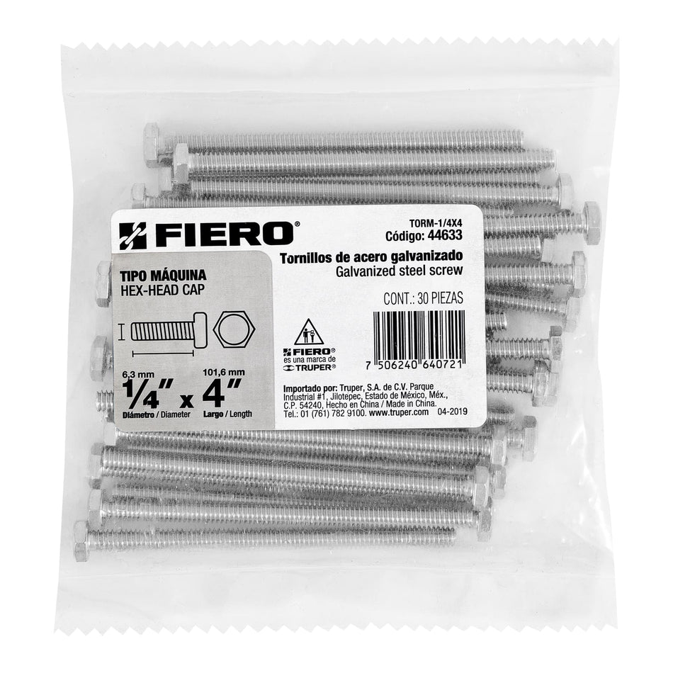 Bolsa con 30 tornillos 1/4' x 4' tipo máquina, FIERO Caja con 6, 44633