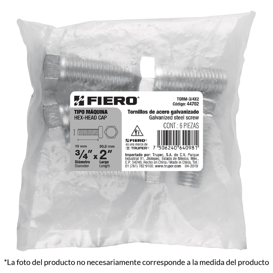 Bolsa con 4 tornillos 3/4' x 3' tipo máquina, FIERO, 44704