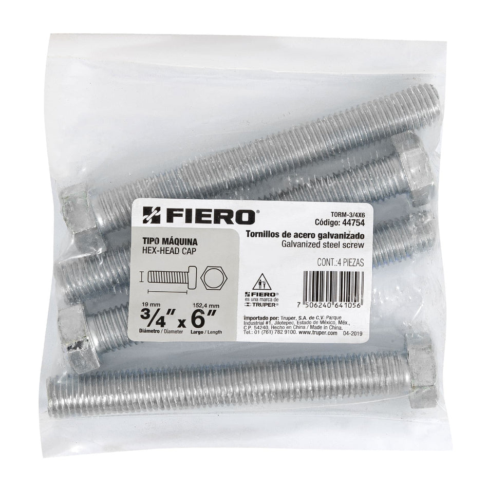 Bolsa con 4 tornillos 3/4' x 6' tipo máquina, FIERO, 44754