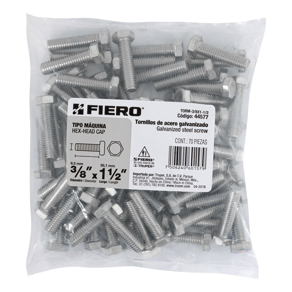 Bolsa con 70 tornillos 3/8' x 1-1/2' tipo máquina, FIERO Caja con 3, 44577