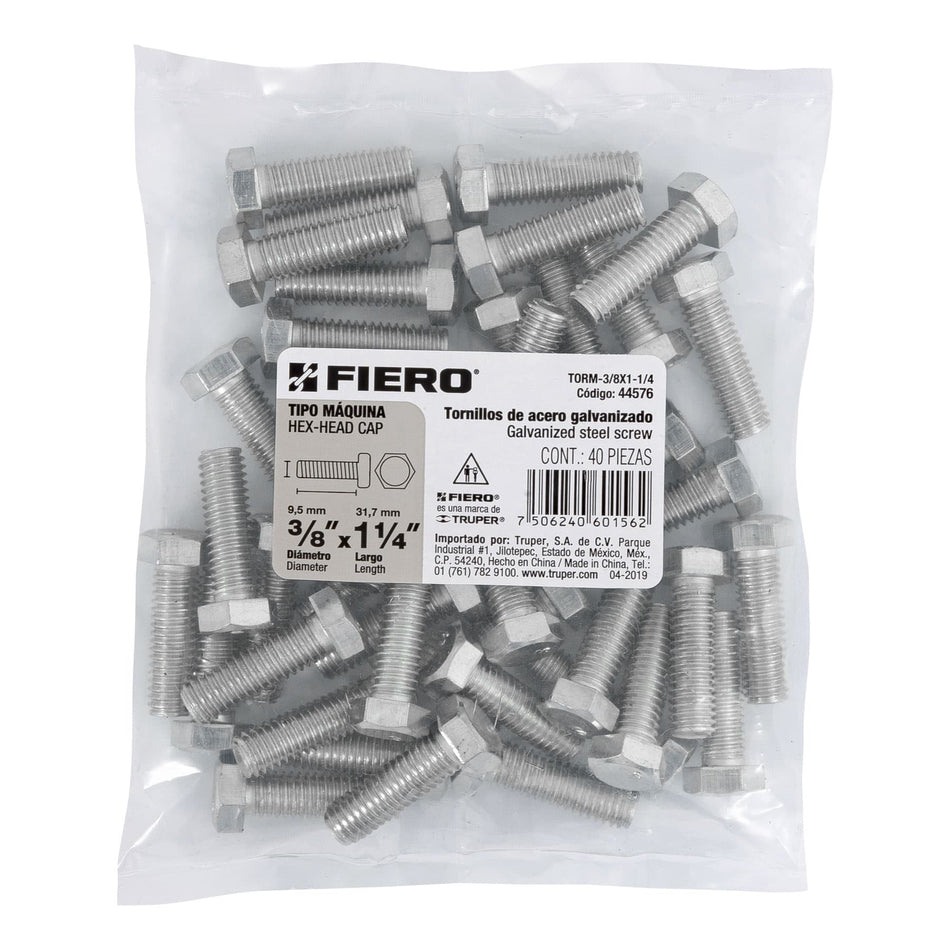 Bolsa con 40 tornillos 3/8' x 1-1/4' tipo máquina, FIERO Caja con 6, 44576