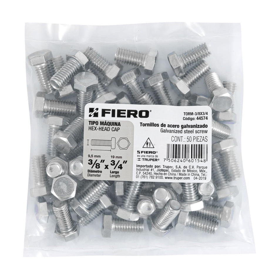 Bolsa con 50 tornillos 3/8' x 3/4' tipo máquina, FIERO Caja con 6, 44574