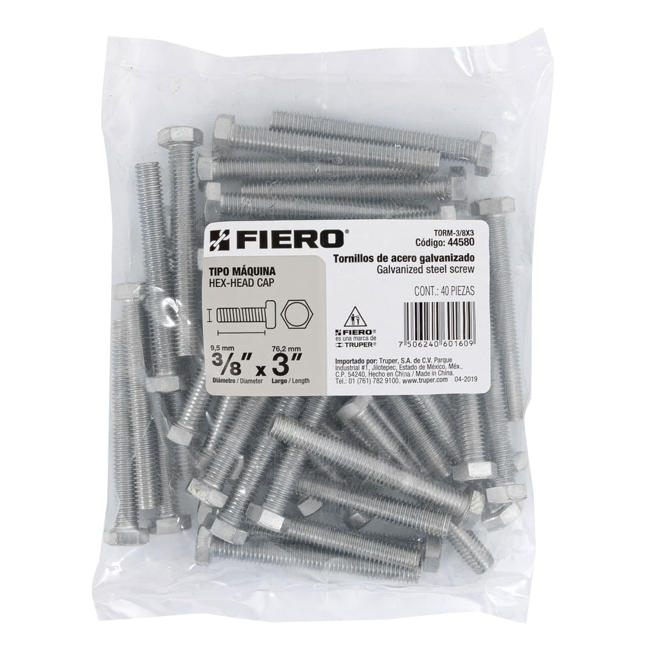 Bolsa con 40 tornillos 3/8' x 3' tipo máquina, FIERO Caja con 3, 44580