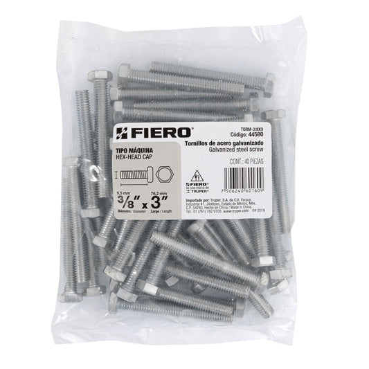 Bolsa con 40 tornillos 3/8' x 3' tipo máquina, FIERO Caja con 3, 44580