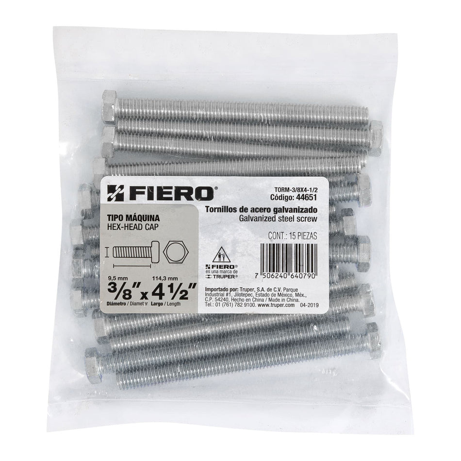 Bolsa con 15 tornillos 3/8' x 4-1/2' tipo máquina, FIERO, 44651