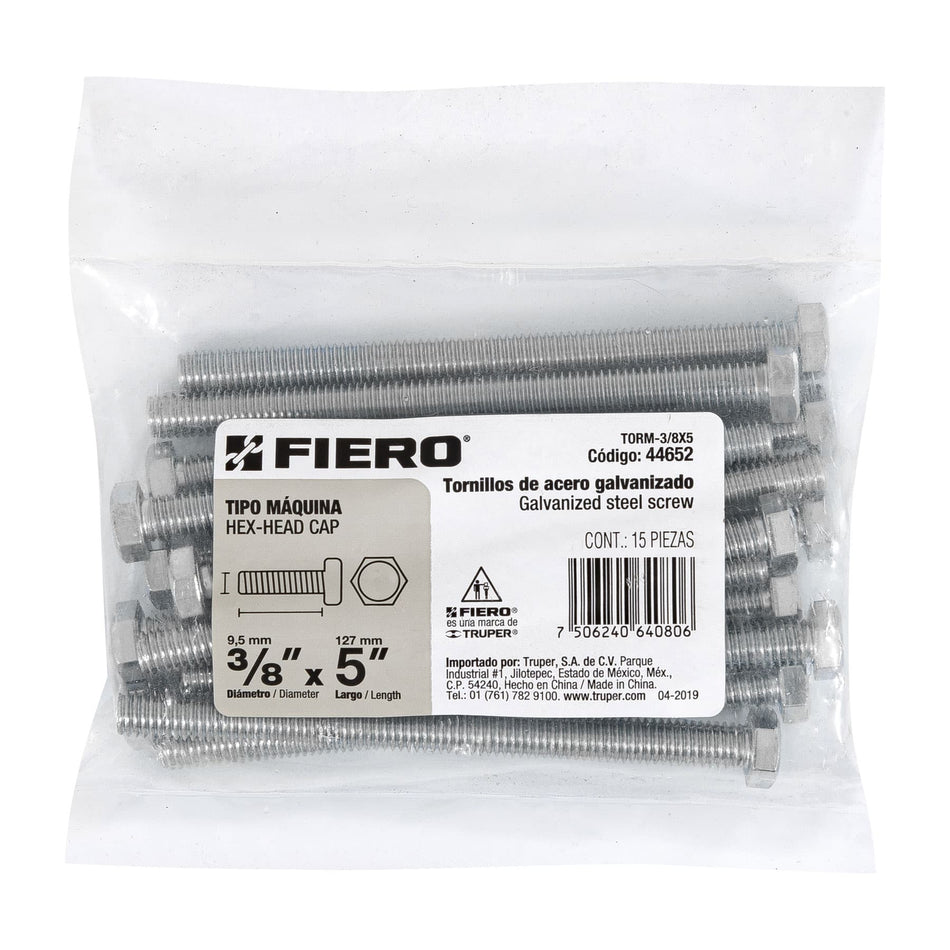 Bolsa con 15 tornillos 3/8' x 5' tipo máquina, FIERO, 44652